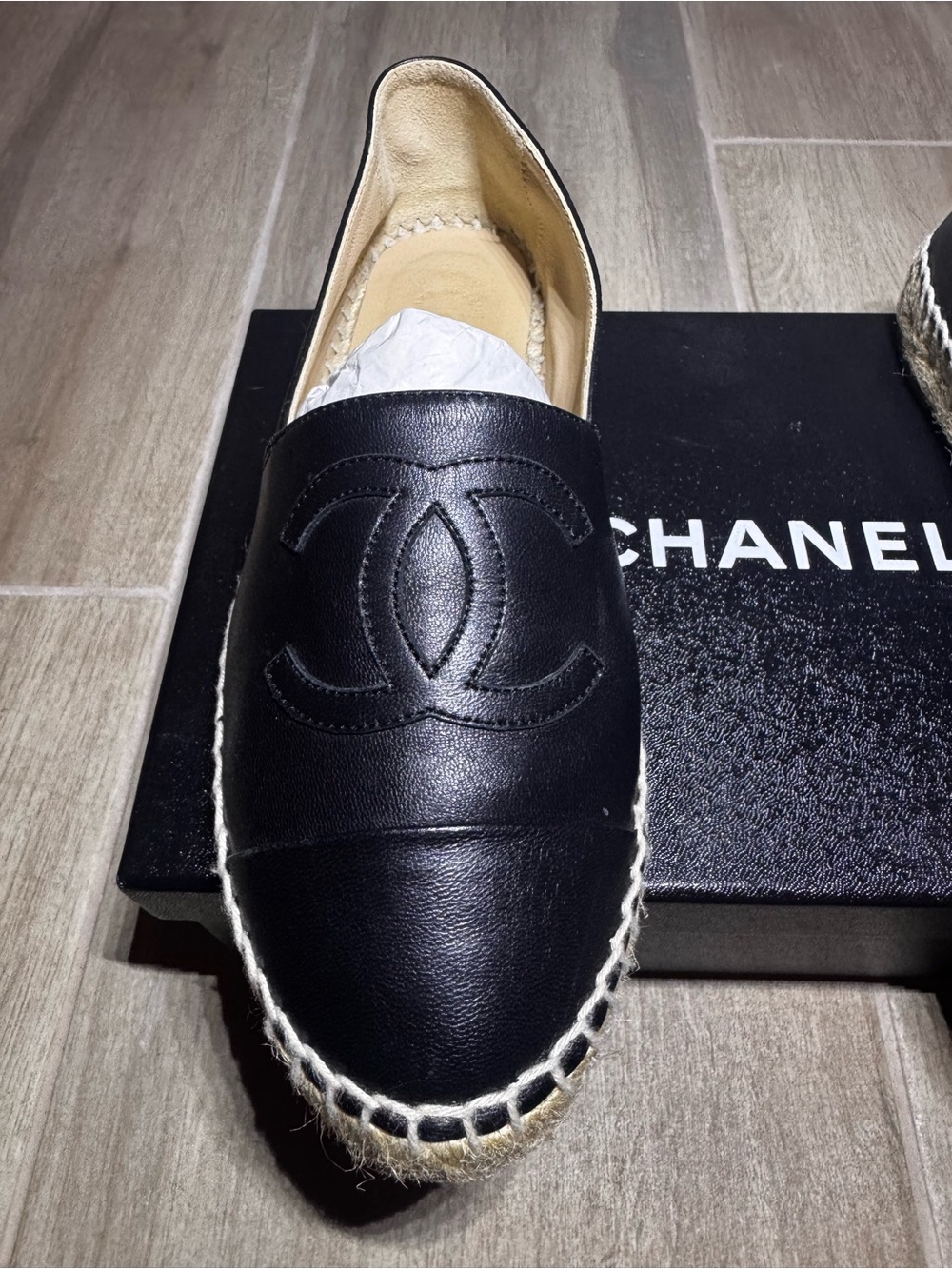 CHANEL Black Leather Espadrille with CC Logo